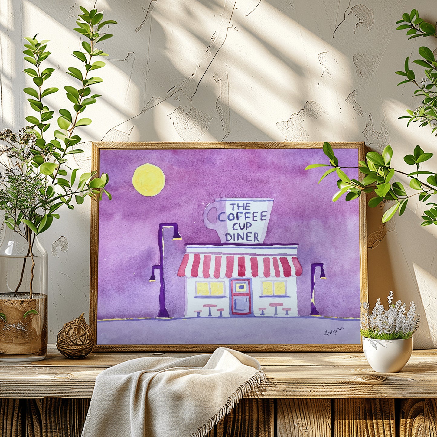 Violet Morning at the Coffee Cup Watercolor Print