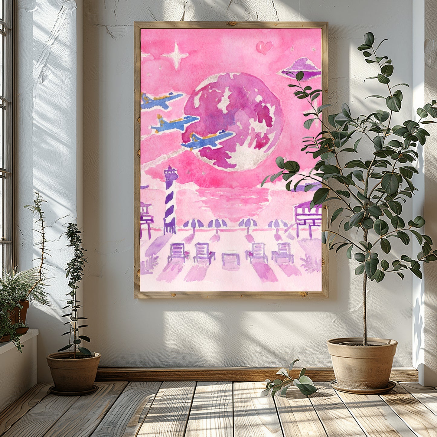 Beach Buzz Over The Moon Pink Pensacola Series Watercolor Print