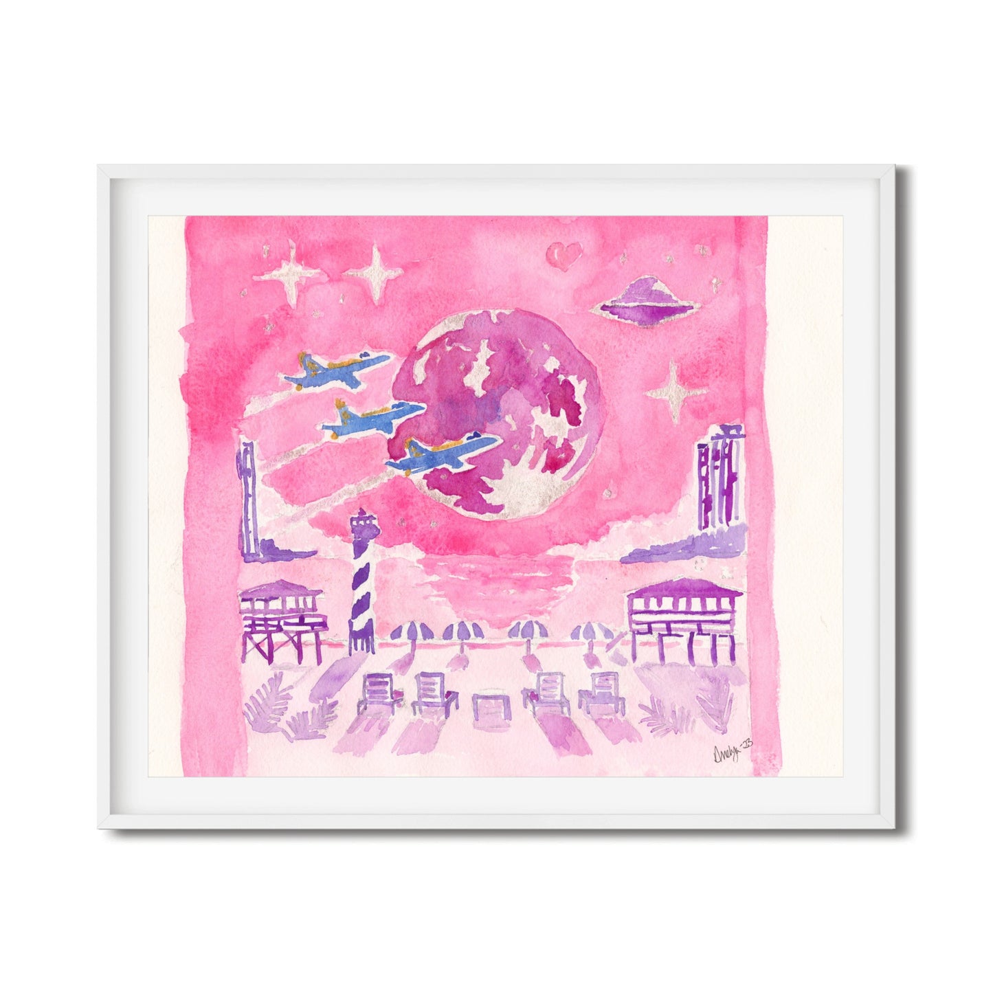 Beach Buzz Over The Moon Pink Pensacola Series Watercolor Print