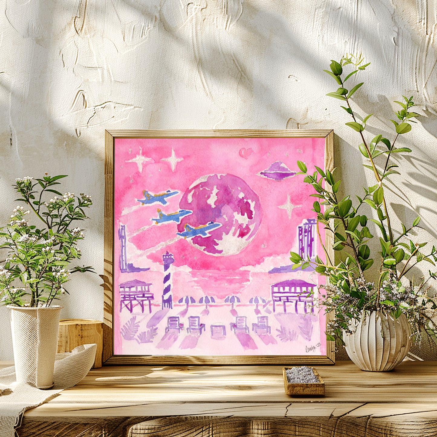 Beach Buzz Over The Moon Pink Pensacola Series Watercolor Print