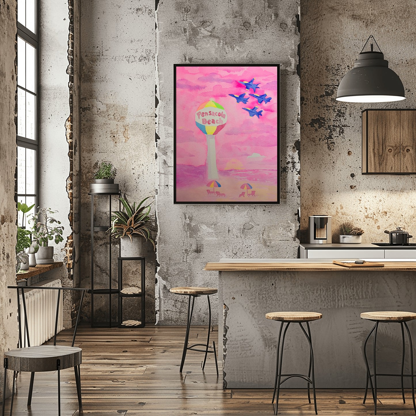 Pink Pensacola Beach Ball and Blue Angels Sunset Watercolor Print