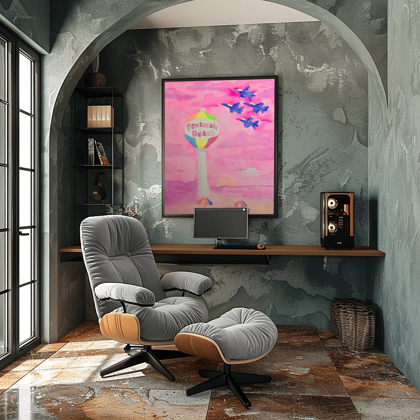 Pink Pensacola Beach Ball and Blue Angels Sunset Watercolor Print
