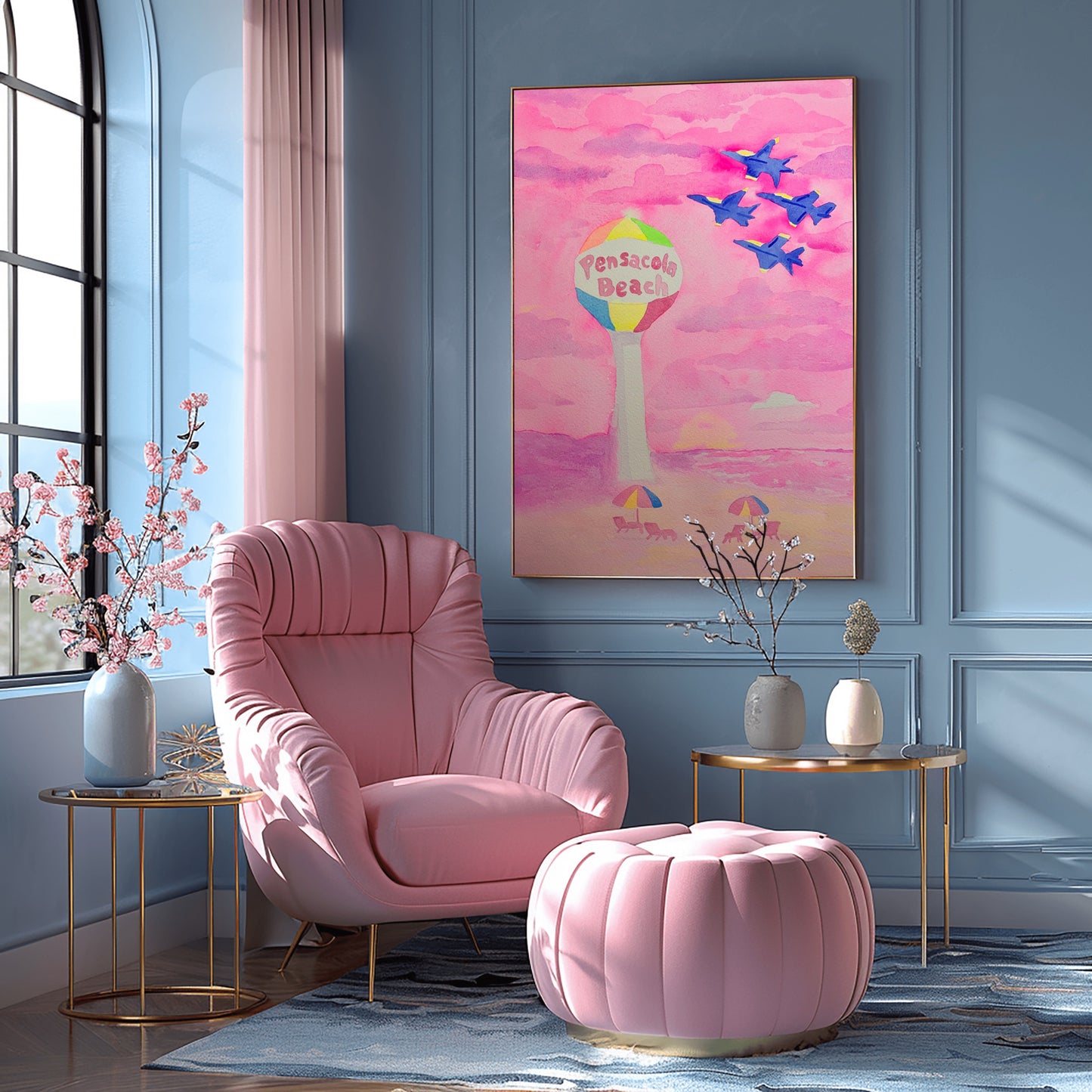 Pink Pensacola Beach Ball and Blue Angels Sunset Watercolor Print