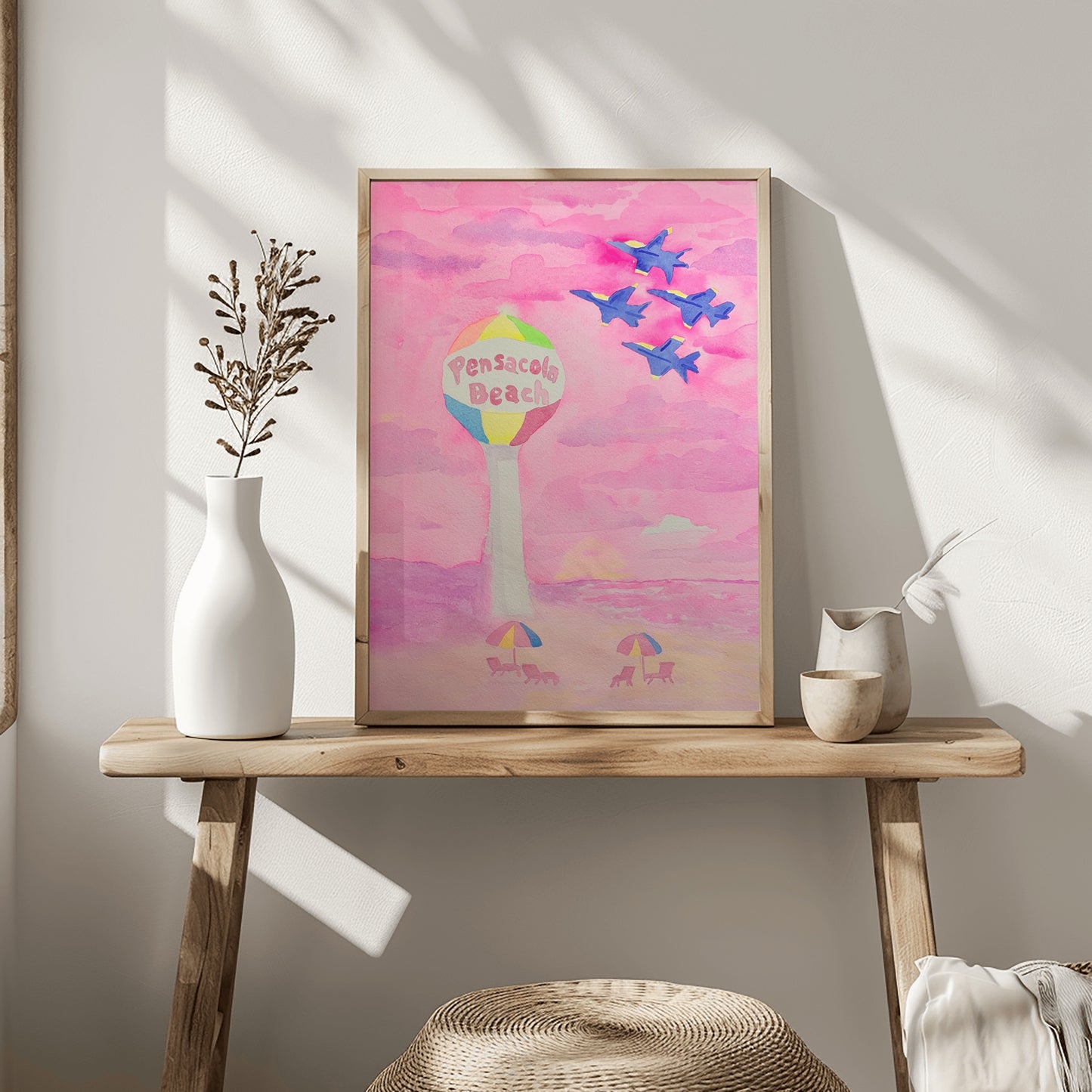 Pink Pensacola Beach Ball and Blue Angels Sunset Watercolor Print