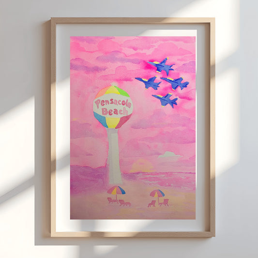 Pink Pensacola Beach Ball and Blue Angels Sunset Watercolor Print
