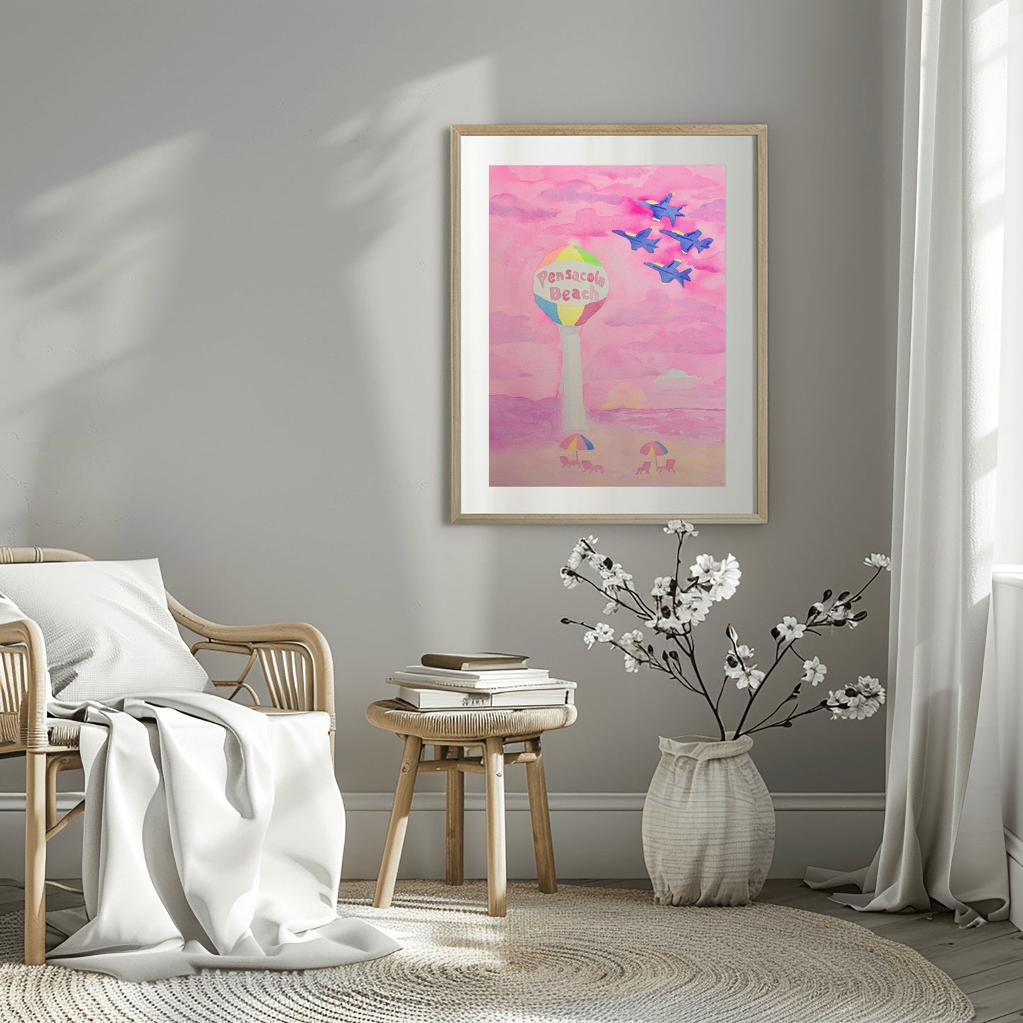 Pink Pensacola Beach Ball and Blue Angels Sunset Watercolor Print
