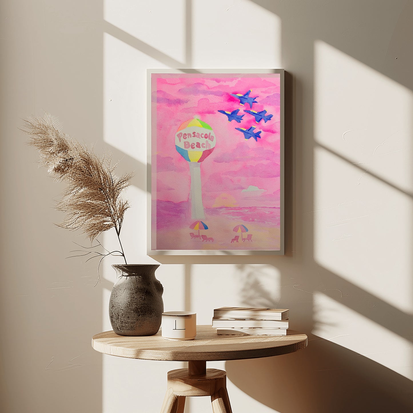 Pink Pensacola Beach Ball and Blue Angels Sunset Watercolor Print