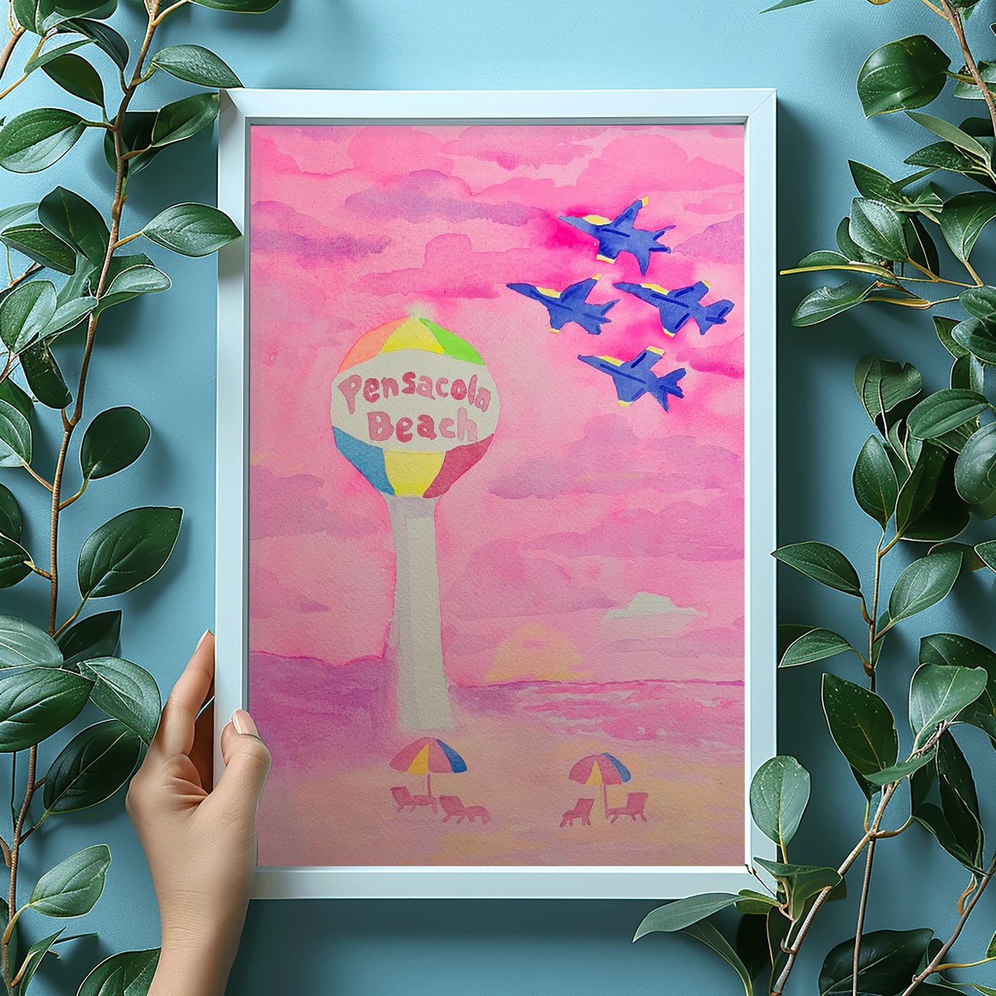 Pink Pensacola Beach Ball and Blue Angels Sunset Watercolor Print