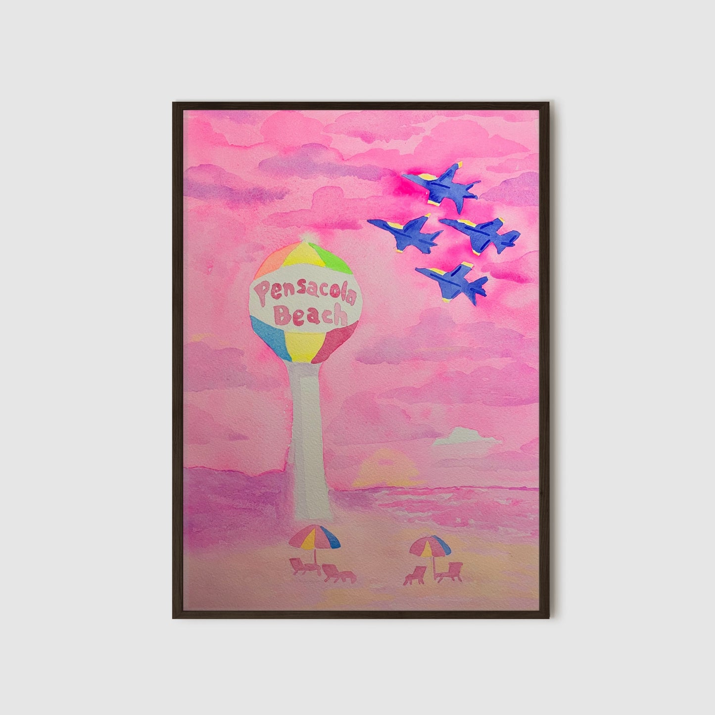 Pink Pensacola Beach Ball and Blue Angels Sunset Watercolor Print